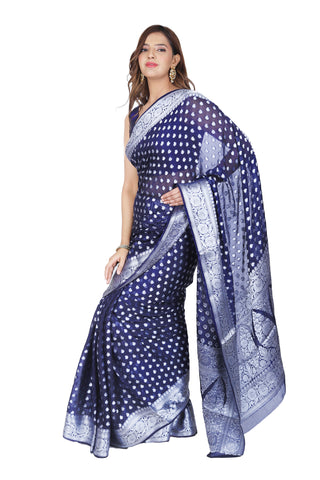 Classic Splendor: Dark Blue Banarasi Cotton Silk Saree with Detailed Border and Pallu