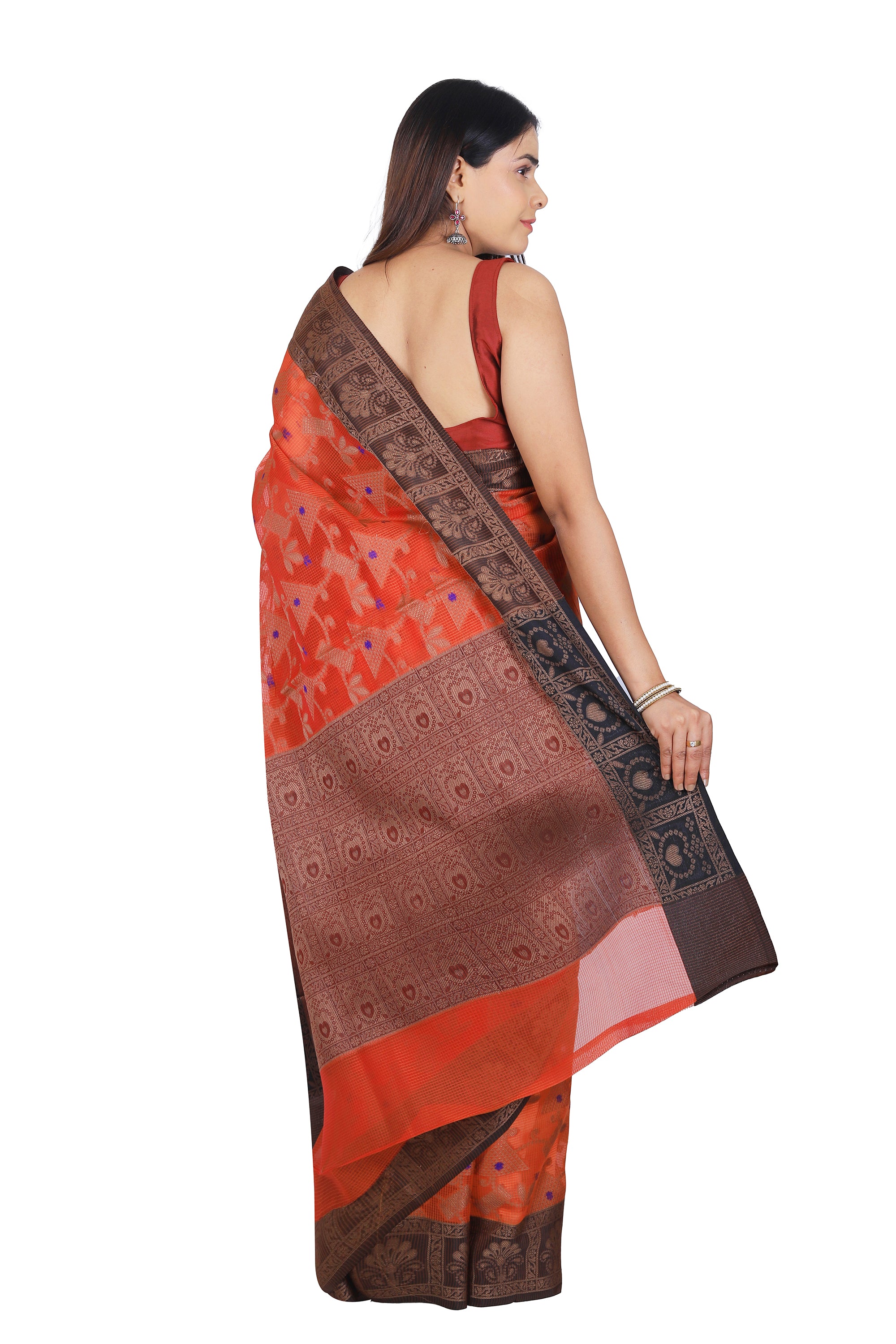 Classic Beauty: Red Banarasi Cotton Silk Saree with Rich Brown Border