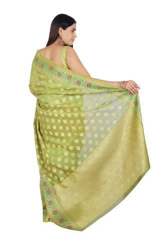 Parrot Green Maheshwari Banarasi Cotton Silk Saree