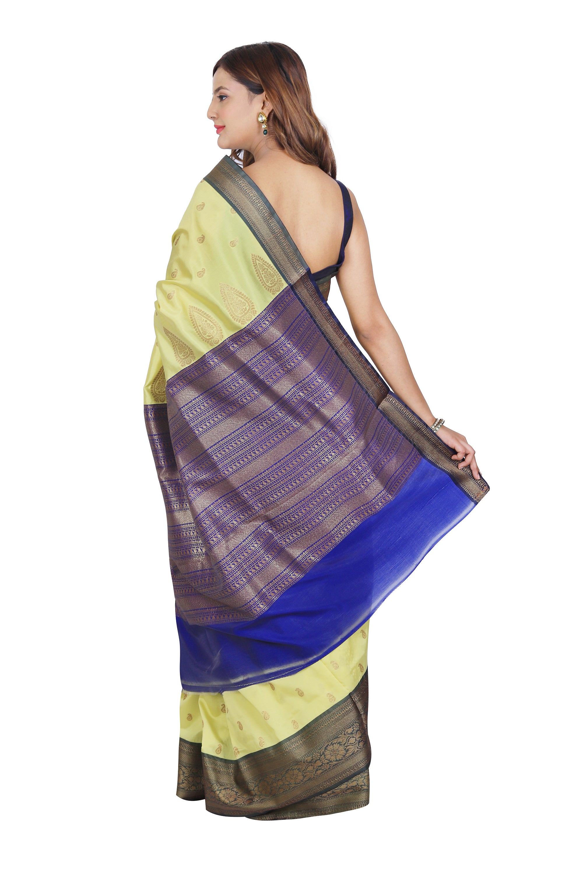 Yellow Banarasi Soft Silk Saree with Striking Black Zari Border