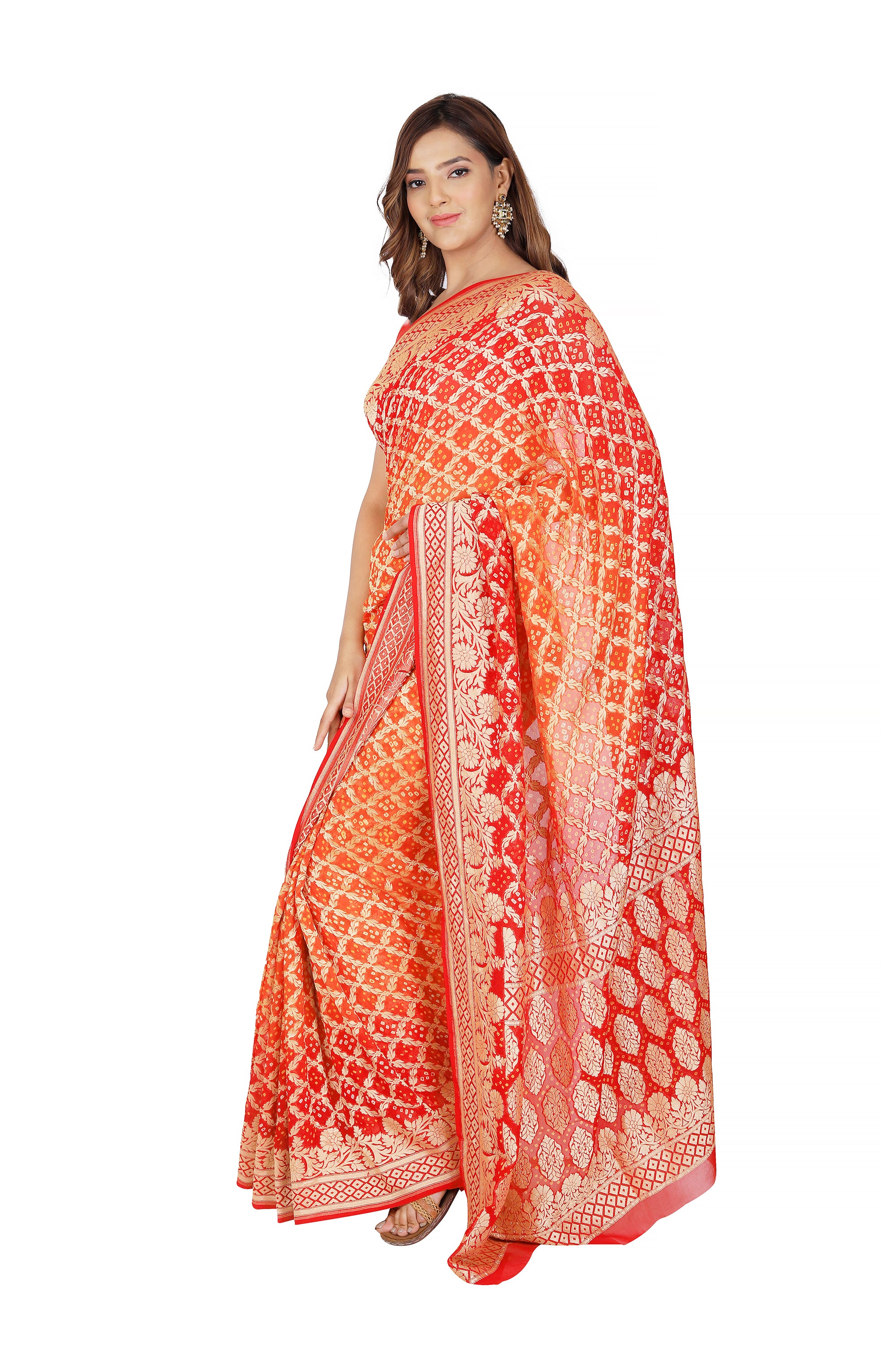 Radiant Fusion: Pure Khaddi Georgette Red & Orange Bandhej Handloom Saree