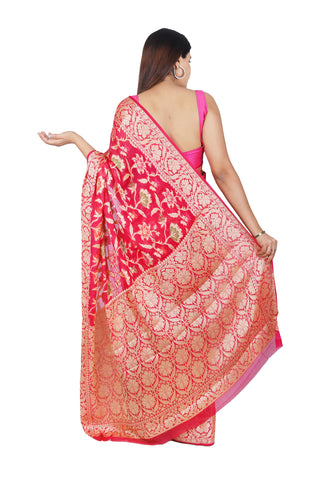 Classic Allure: Red Pure Khaddi Georgette Saree with Detailed Floral Motifs