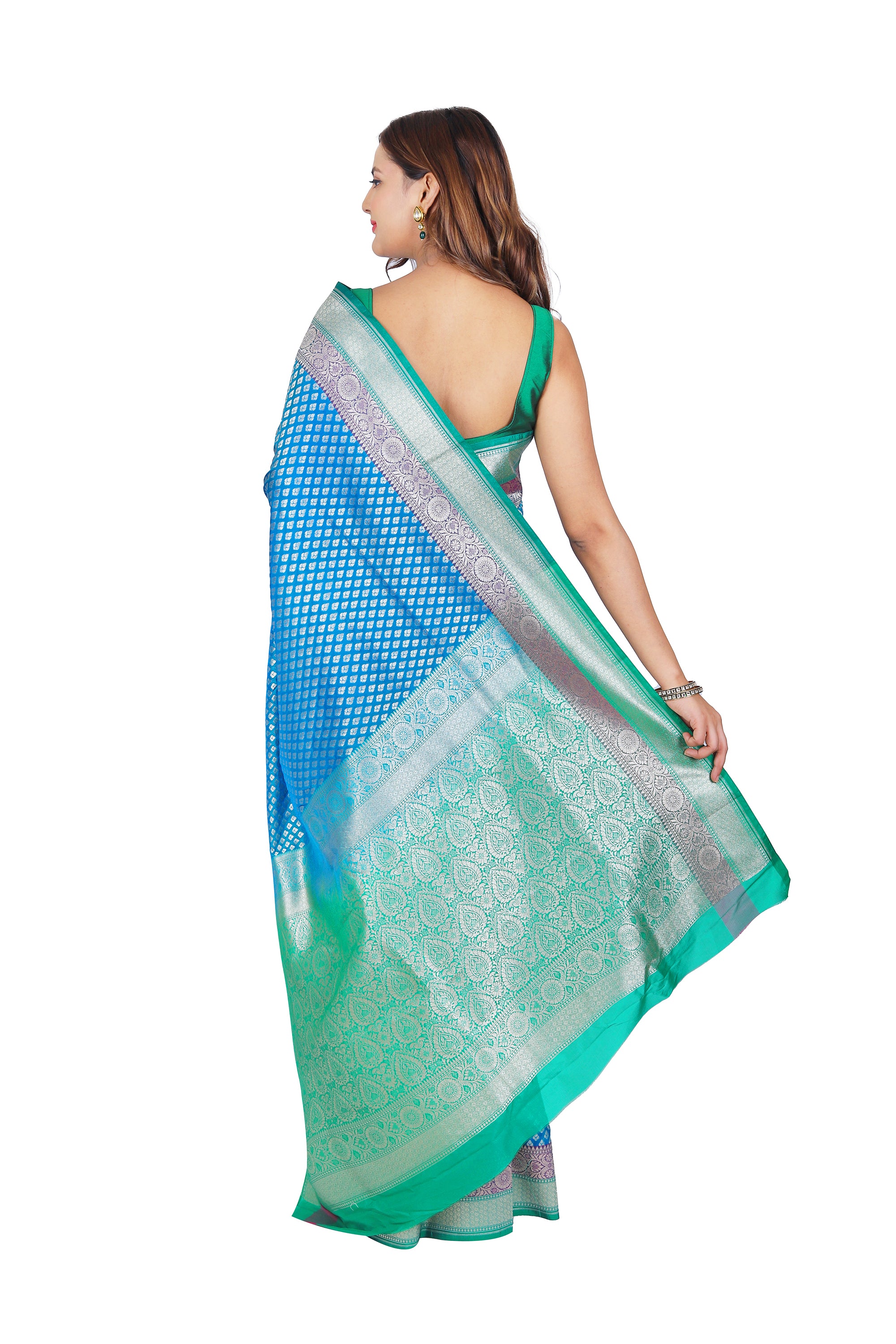 Harmonious Beauty: Blue and Green Banarasi Semi-Silk Saree