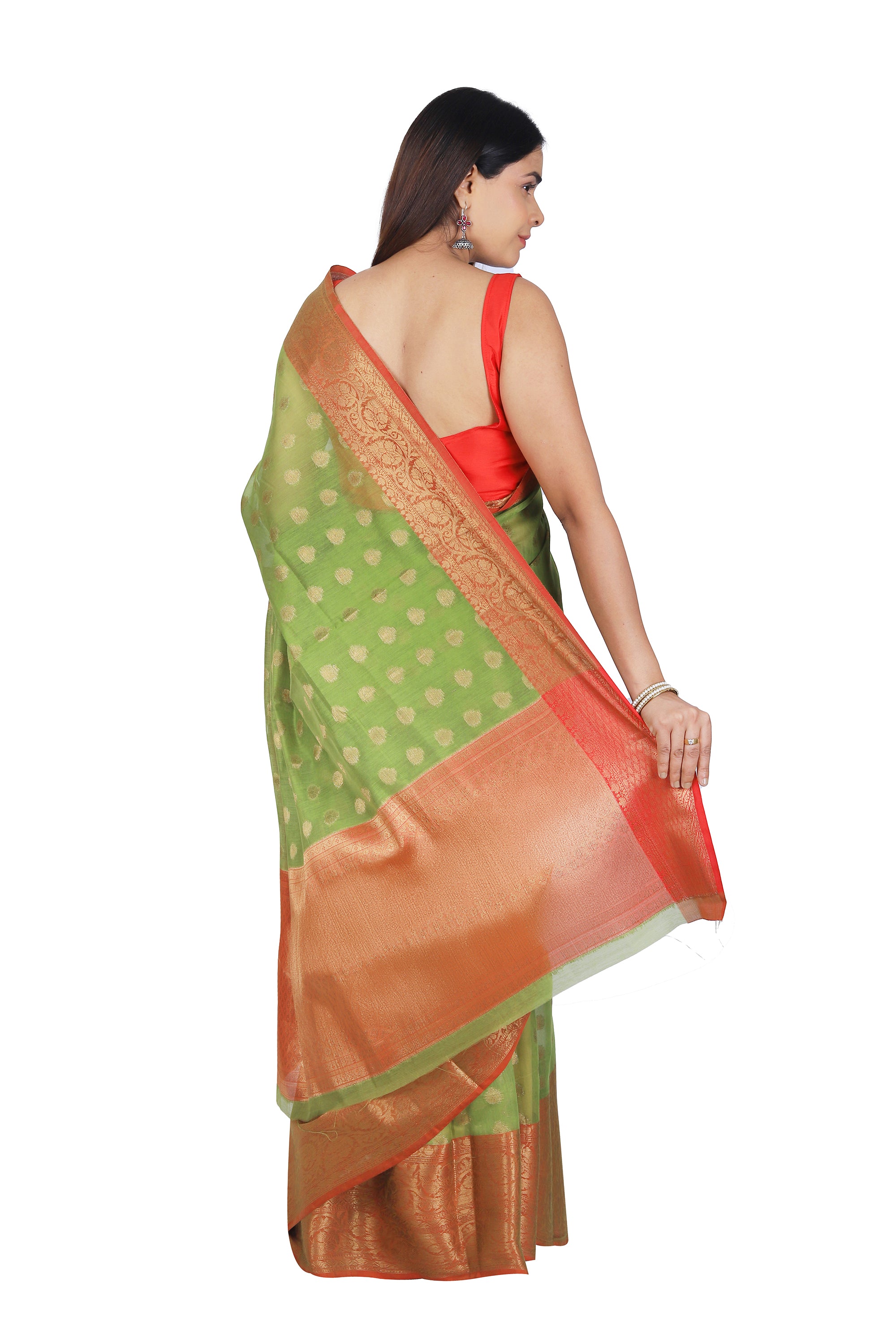 Parrot Green Banarasi Silk Saree with Striking Red Pallu