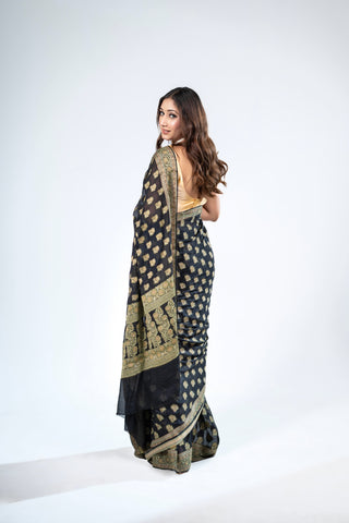 Pure Khaddi Georgette black colour  handloom Saree with  meenakari  woven booty all over