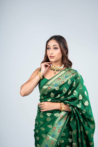 Pure silk green colour handloom Saree with blouse