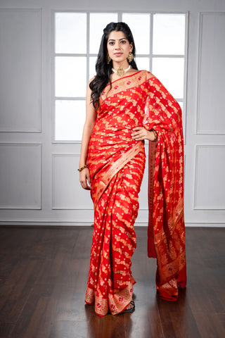 Pure Khaddi Georgette Red Bandhej  handloom Saree with Meenakari work  in strips pattern