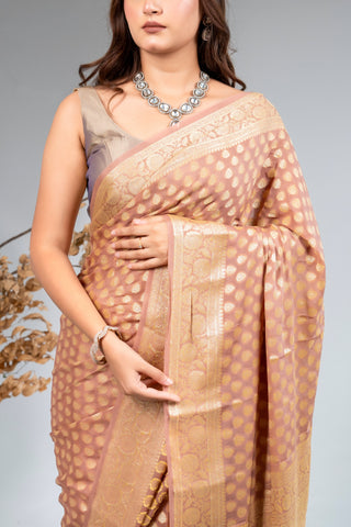 Pure Khaddi Georgette beige colour  handloom Saree with booty all over