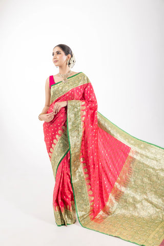 Radiant Elegance: Premium Pink Banarasi Silk Saree with Intricate Zari Work