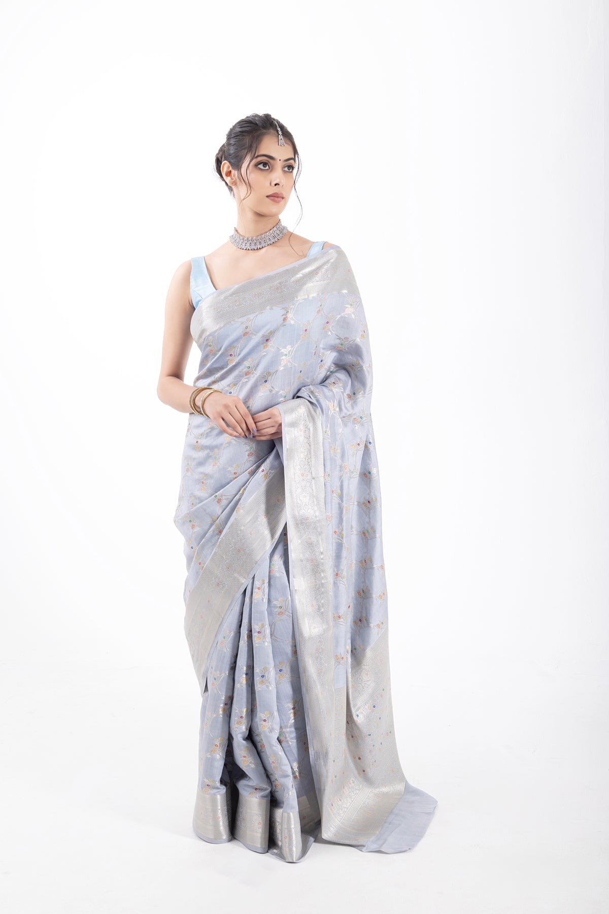 Pure Chiniya Silk Saree in grey colour with Meenakari weaving