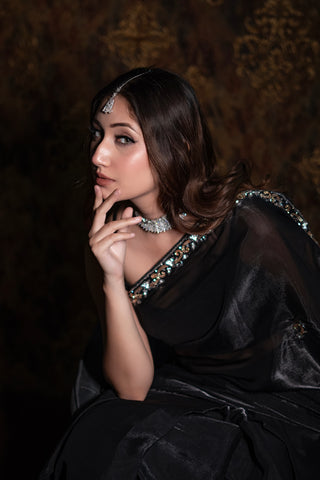 Jimmy Choo black colour designer Party wear saree with  Stone work