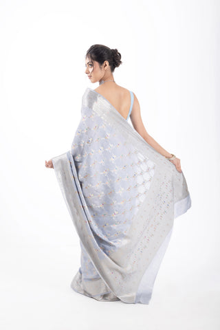 Pure Chiniya Silk Saree in grey colour with Meenakari weaving