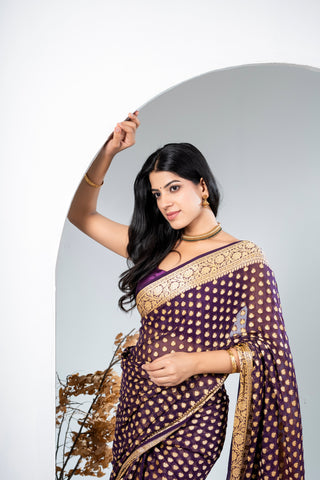 Pure Khaddi Georgette purple colour handloom  Saree with booty all over