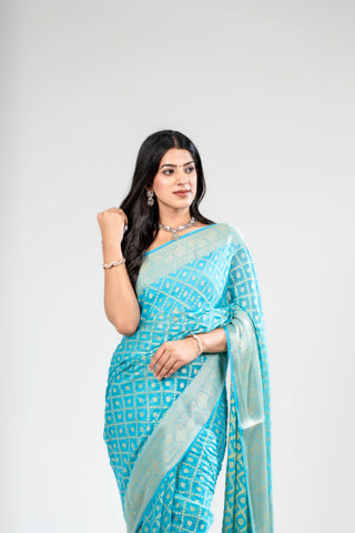 Pure chiffon/Khaddi Georgette  water Jari sky blue Bandhej Saree with jall work all over handloom saree