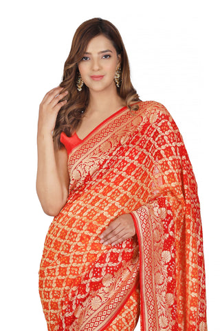 Pure Khaddi Georgette Red and orange Bandhej/Bandhani handloom Saree