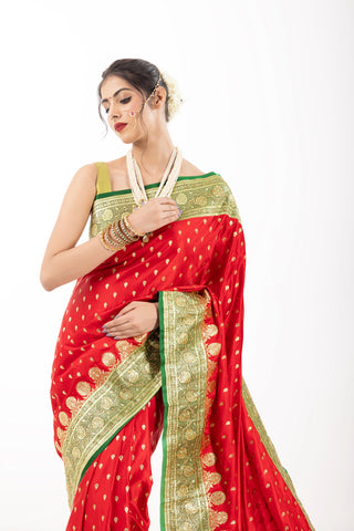 Crimson Grandeur: Premium Red Banarasi Silk Saree with Lustrous Zari Embellishments