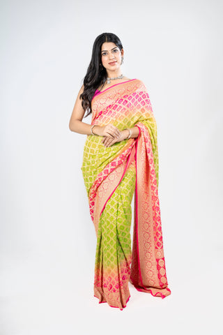 Pure Khaddi Georgette Red and green Bandhej/Bandhani handloom Saree