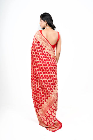 Pure Khaddi Georgette Red Bandhej/Bandhani handloom Saree