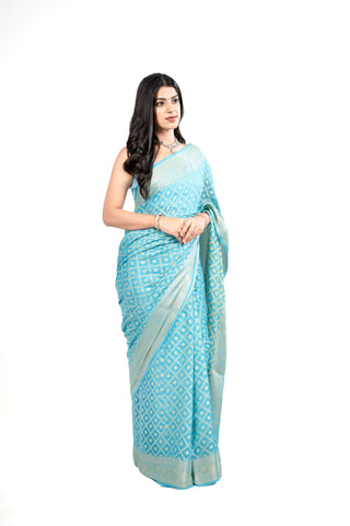 Pure chiffon/Khaddi Georgette  water Jari sky blue Bandhej Saree with jall work all over handloom saree