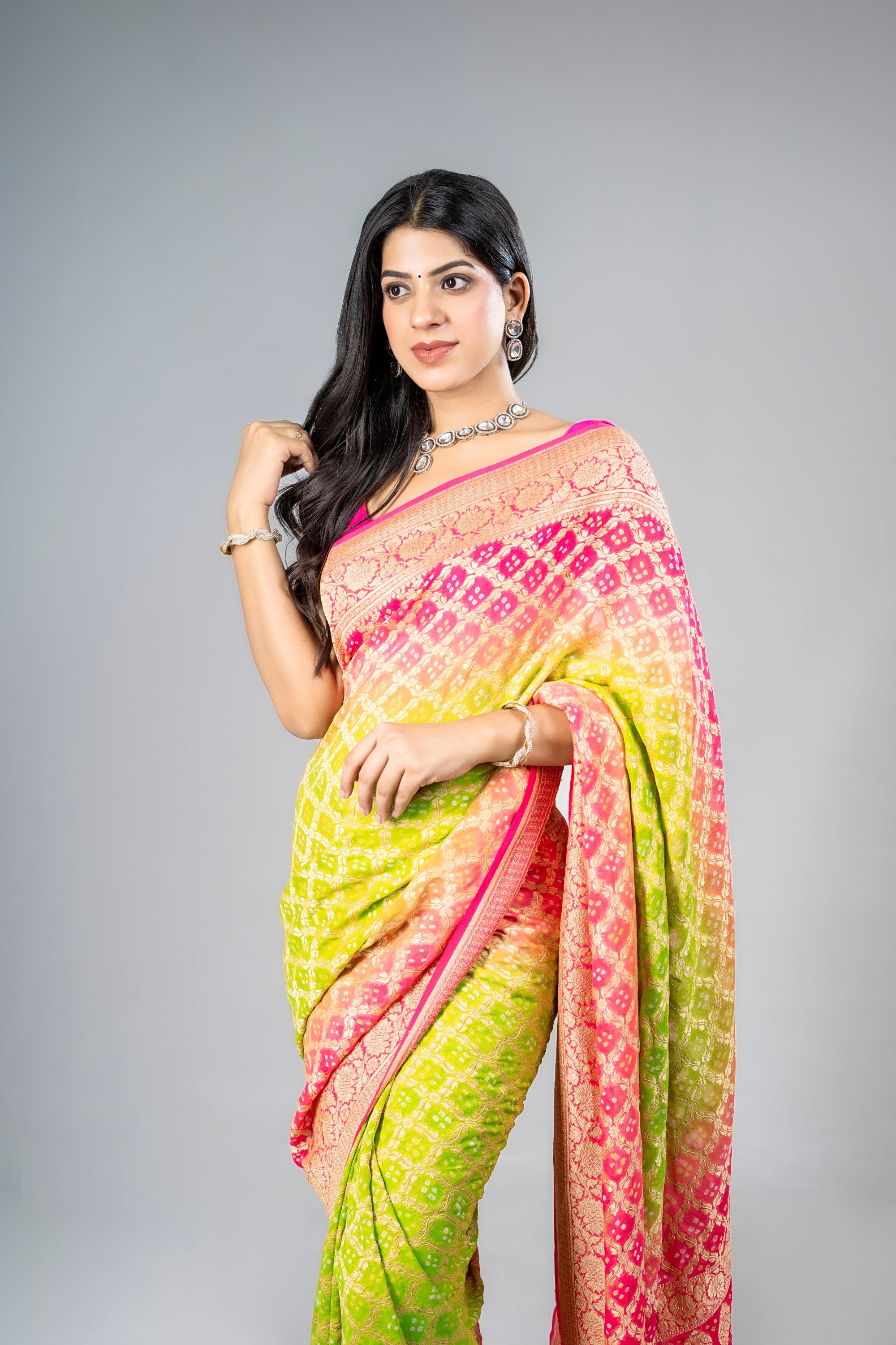 Pure Khaddi Georgette Red and green Bandhej/Bandhani handloom Saree