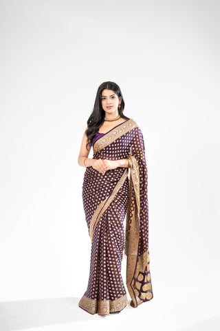 Pure Khaddi Georgette purple colour handloom  Saree with booty all over