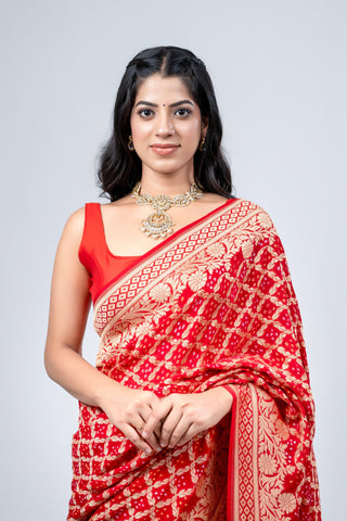 Pure Khaddi Georgette Red Bandhej/Bandhani handloom Saree