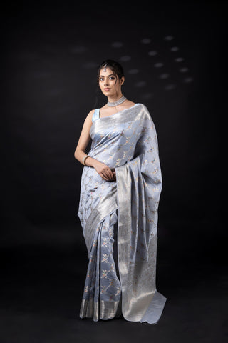 Pure Chiniya Silk Saree in grey colour with Meenakari weaving