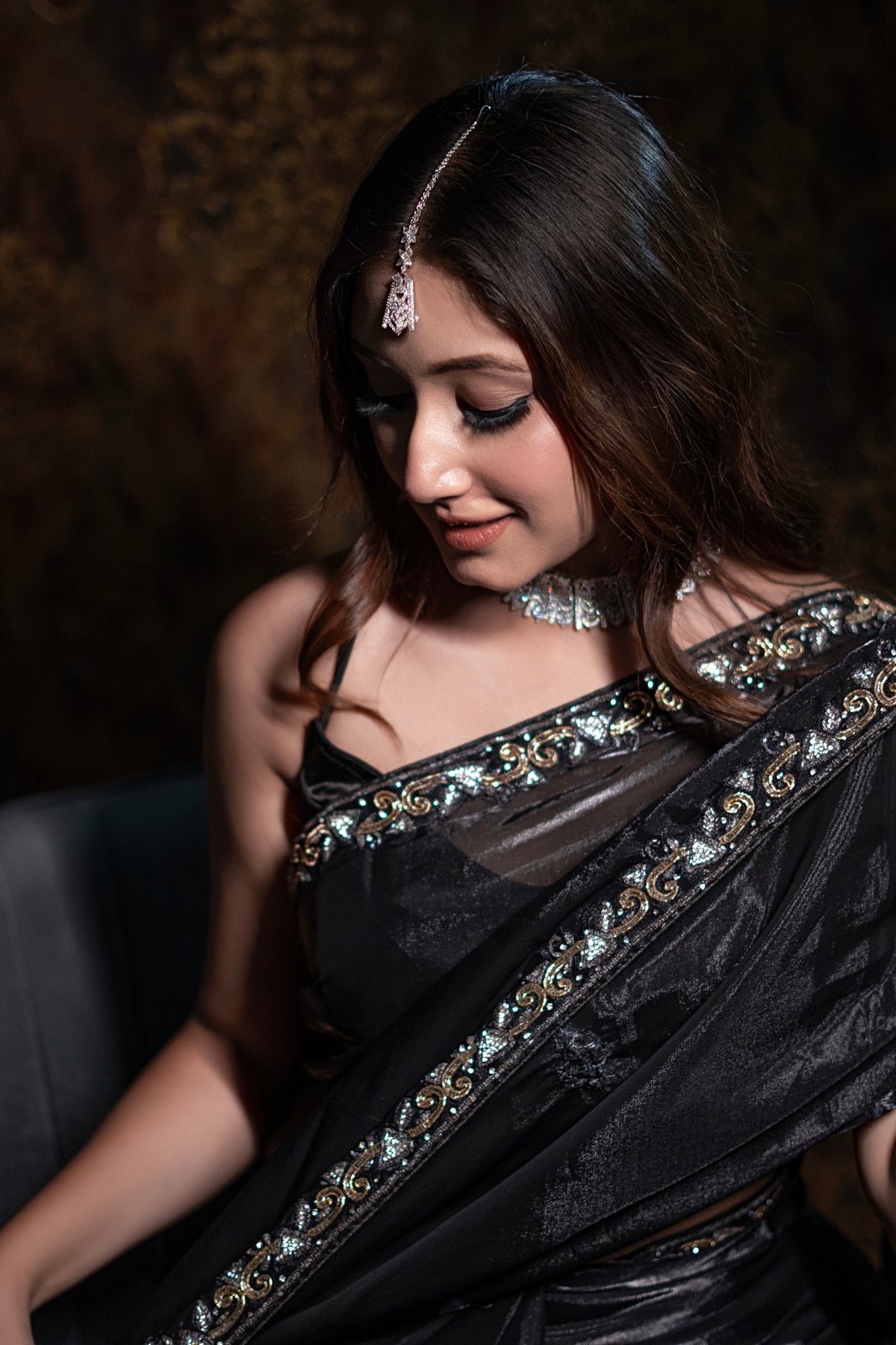 Jimmy Choo black colour designer Party wear saree with  Stone work