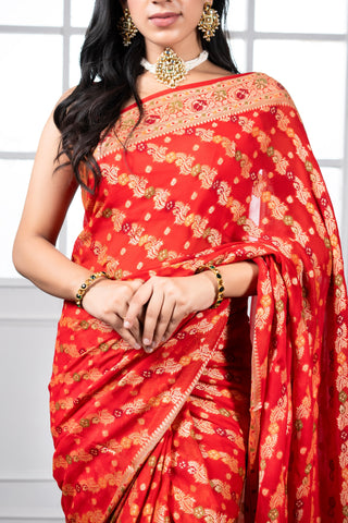 Pure Khaddi Georgette Red Bandhej  handloom Saree with Meenakari work  in strips pattern