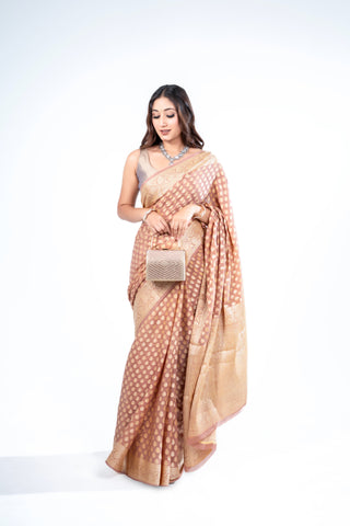 Pure Khaddi Georgette beige colour  handloom Saree with booty all over