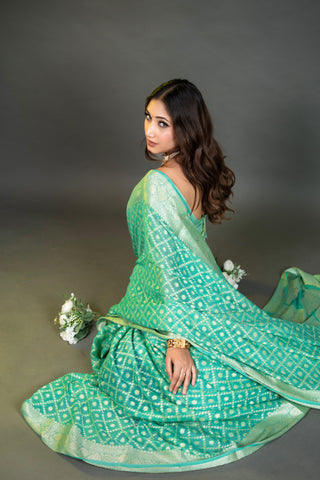 Pure chiffon/Khaddi Georgette  water Jari green  Bandhej Saree with jall work all over handloom saree