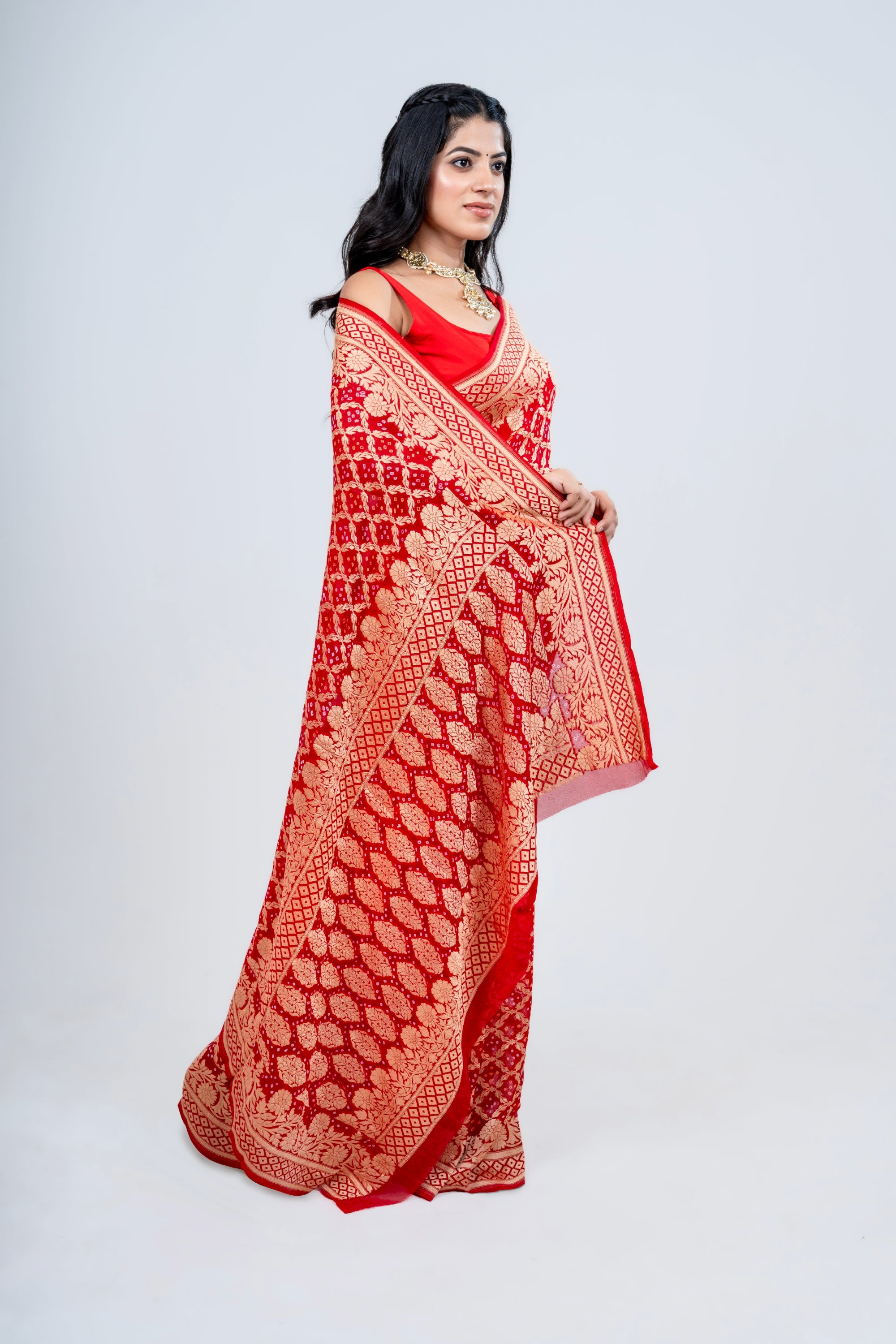 Pure Khaddi Georgette Red Bandhej/Bandhani handloom Saree