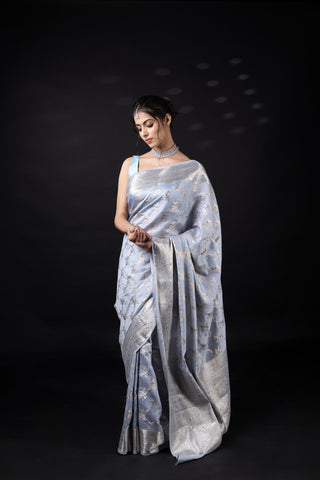 Pure Chiniya Silk Saree in grey colour with Meenakari weaving