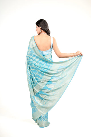 Pure chiffon/Khaddi Georgette  water Jari sky blue Bandhej Saree with jall work all over handloom saree