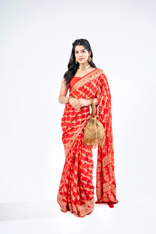 Pure Khaddi Georgette Red Bandhej  handloom Saree with Meenakari work  in strips pattern