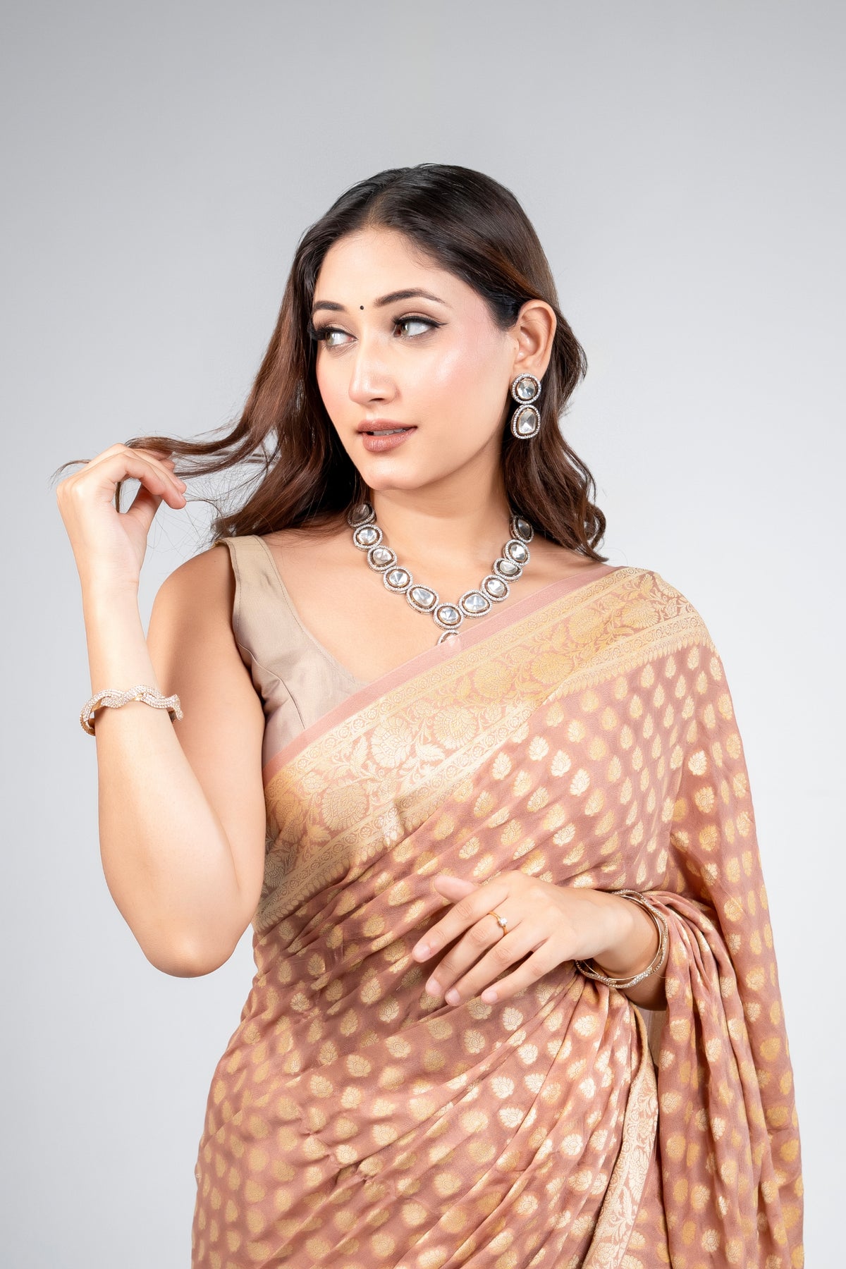 Pure Khaddi Georgette beige colour  handloom Saree with booty all over