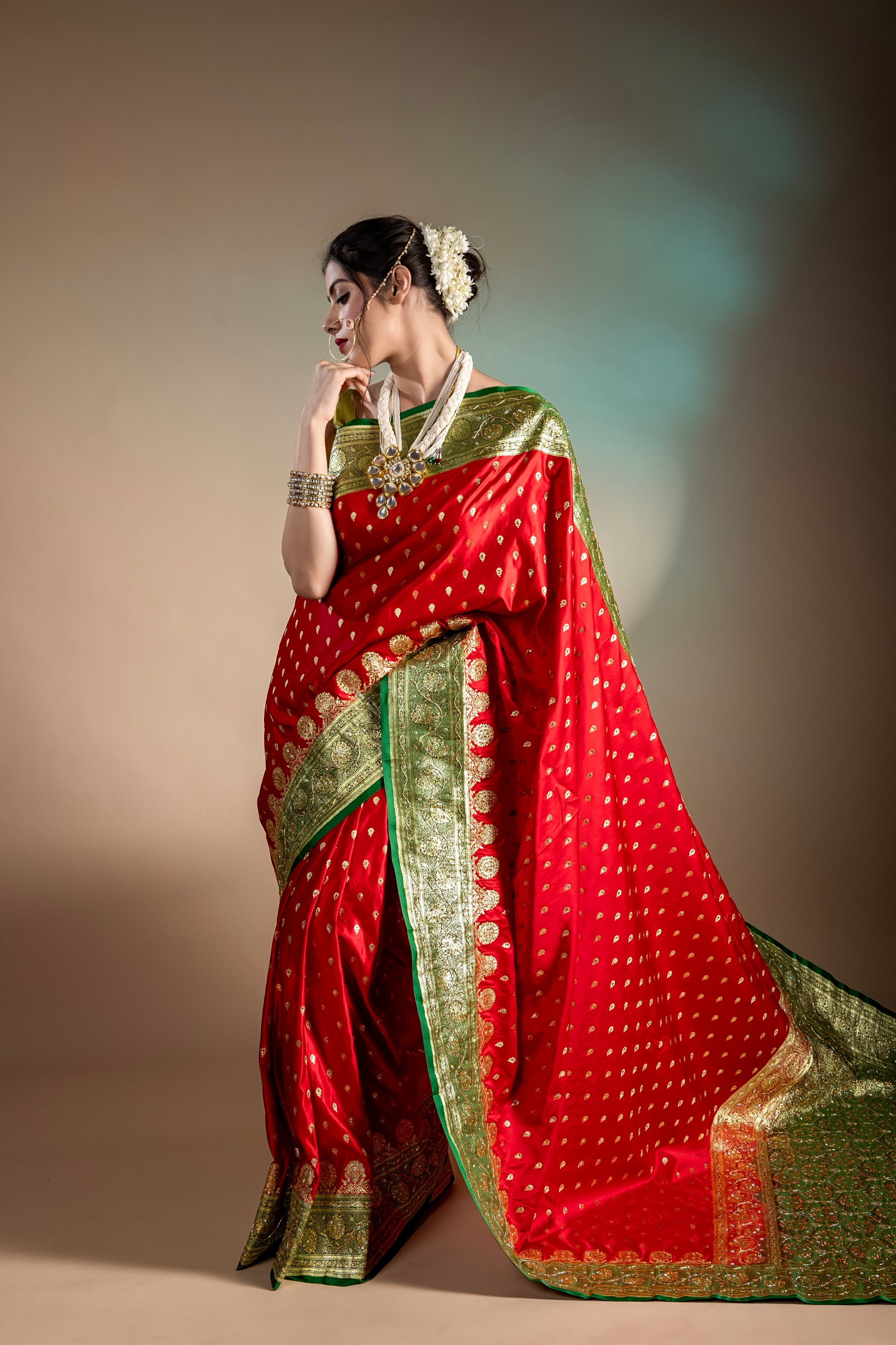 Crimson Grandeur: Premium Red Banarasi Silk Saree with Lustrous Zari Embellishments