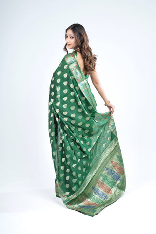 Pure silk green colour handloom Saree with blouse