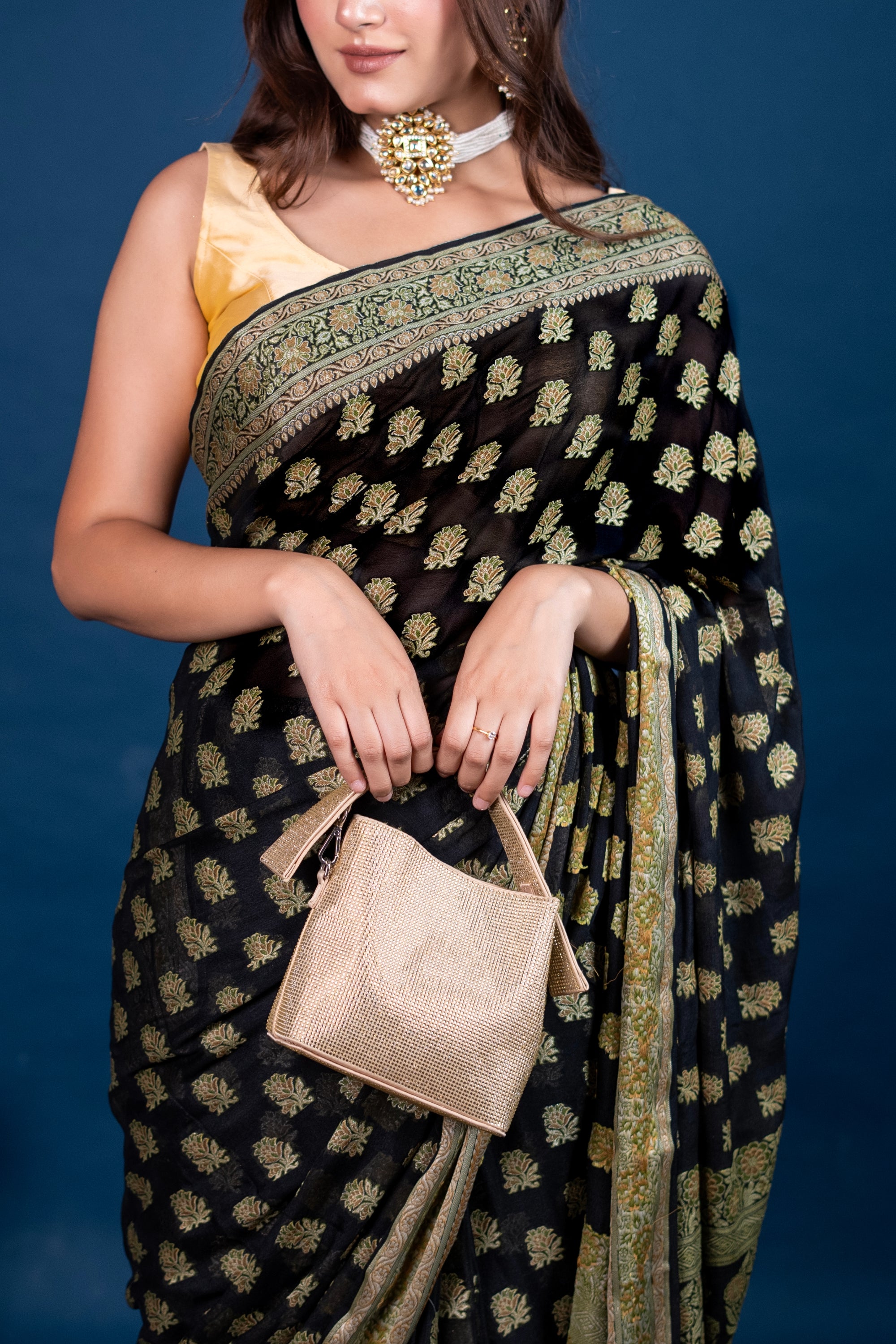 Pure Khaddi Georgette black colour  handloom Saree with  meenakari  woven booty all over