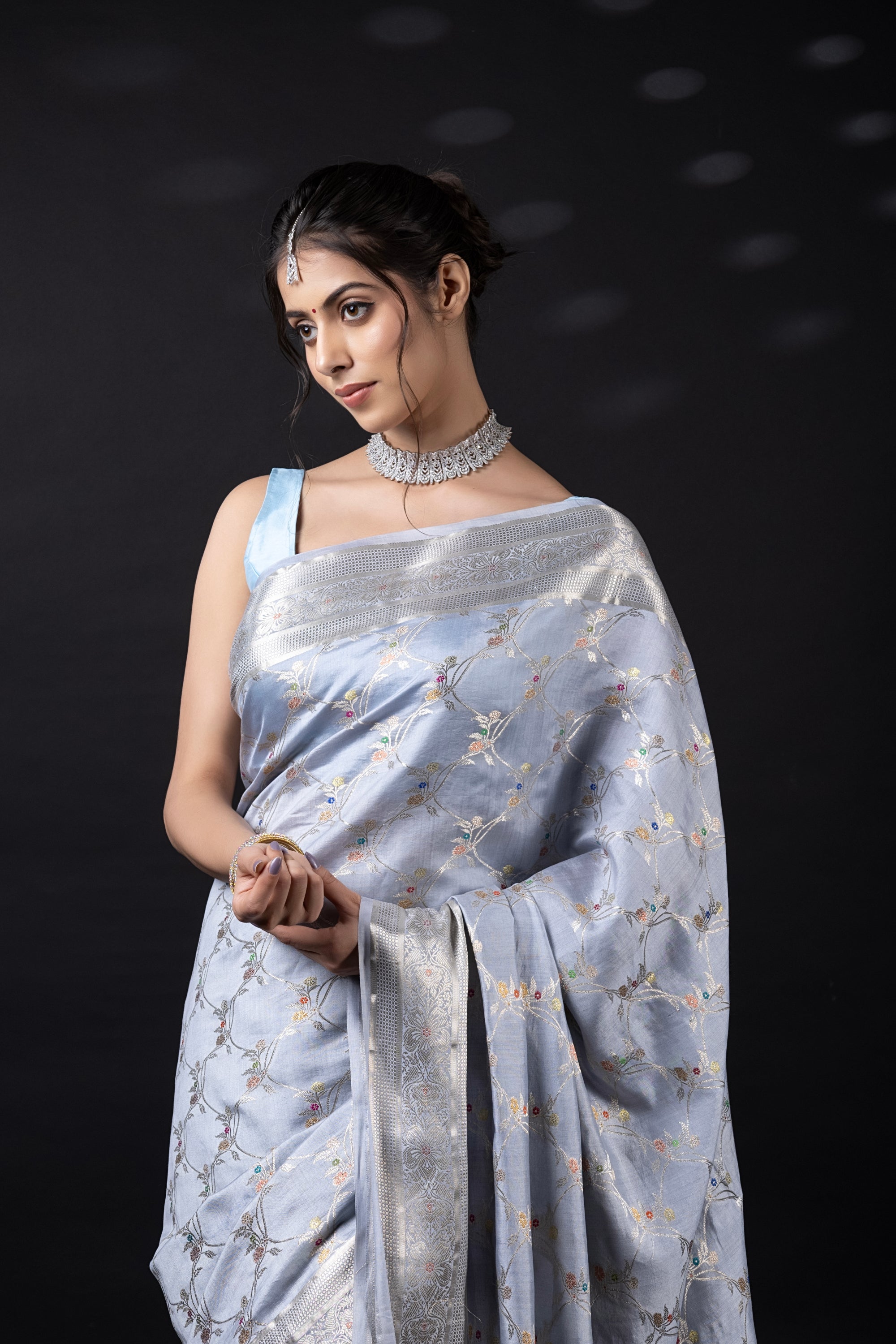 Pure Chiniya Silk Saree in grey colour with Meenakari weaving