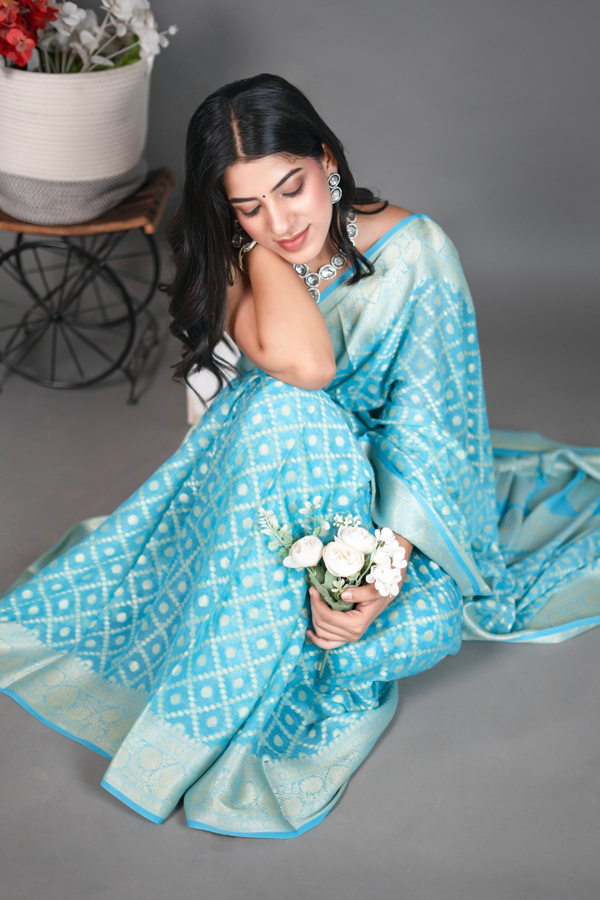 Pure chiffon/Khaddi Georgette  water Jari sky blue Bandhej Saree with jall work all over handloom saree