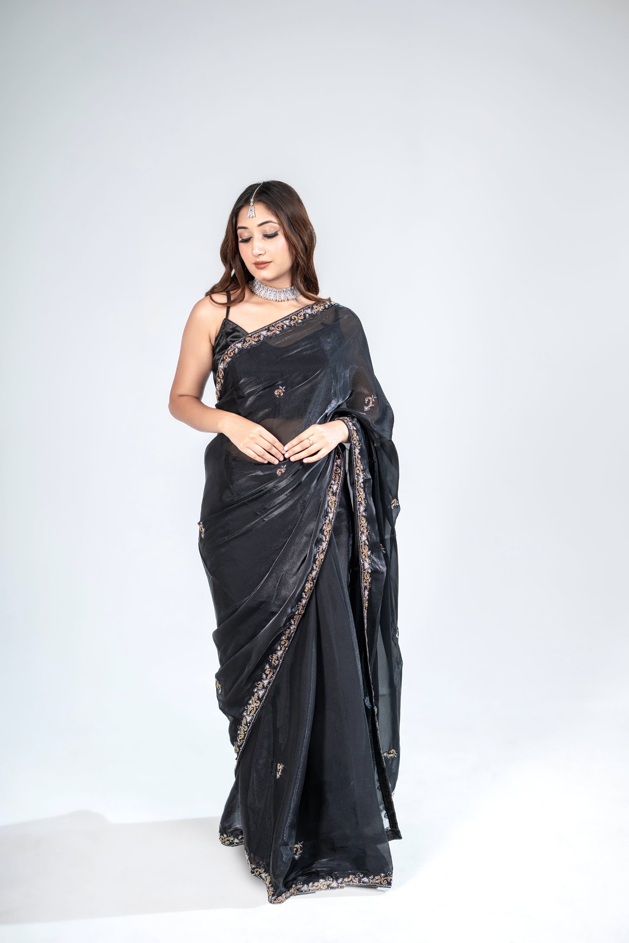 Jimmy Choo black colour designer Party wear saree with  Stone work