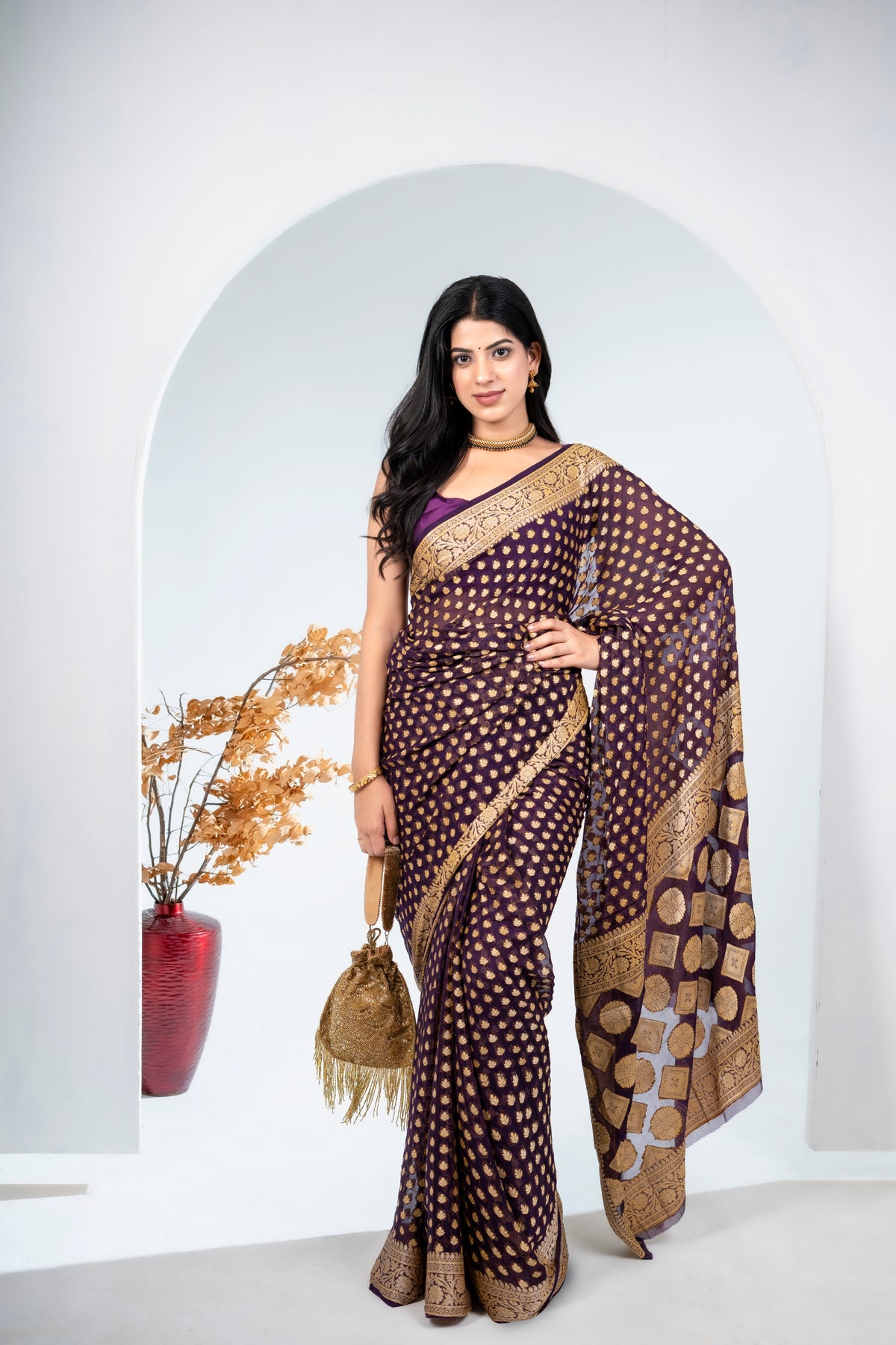 Pure Khaddi Georgette purple colour handloom  Saree with booty all over