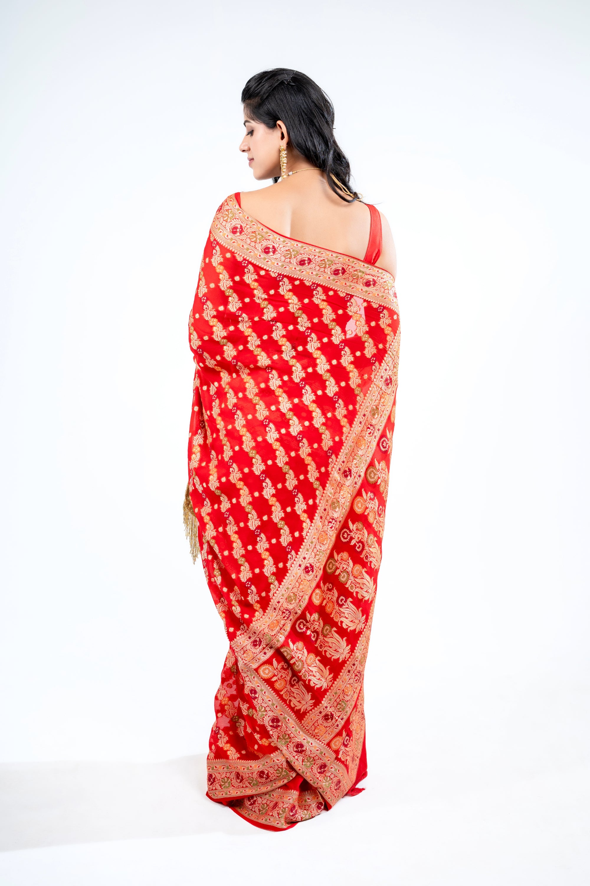 Pure Khaddi Georgette Red Bandhej  handloom Saree with Meenakari work  in strips pattern