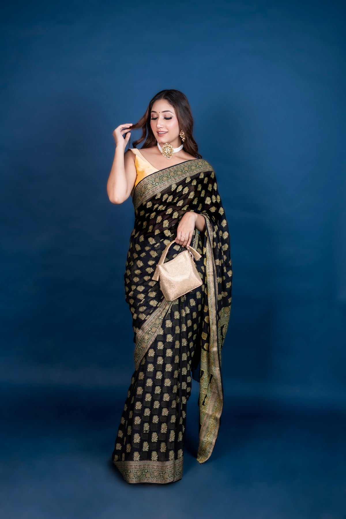 Pure Khaddi Georgette black colour  handloom Saree with  meenakari  woven booty all over