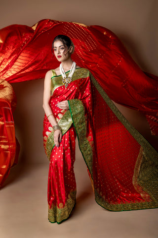 Crimson Grandeur: Premium Red Banarasi Silk Saree with Lustrous Zari Embellishments