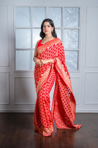 Pure Khaddi Georgette Red Bandhej/Bandhani handloom Saree