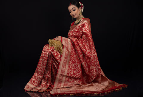 Red Shikargah Katan Silk Handloom Banarasi Saree