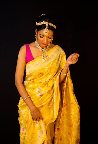 Yellow Banarasi Meenadar Katan Silk Jangla Saree