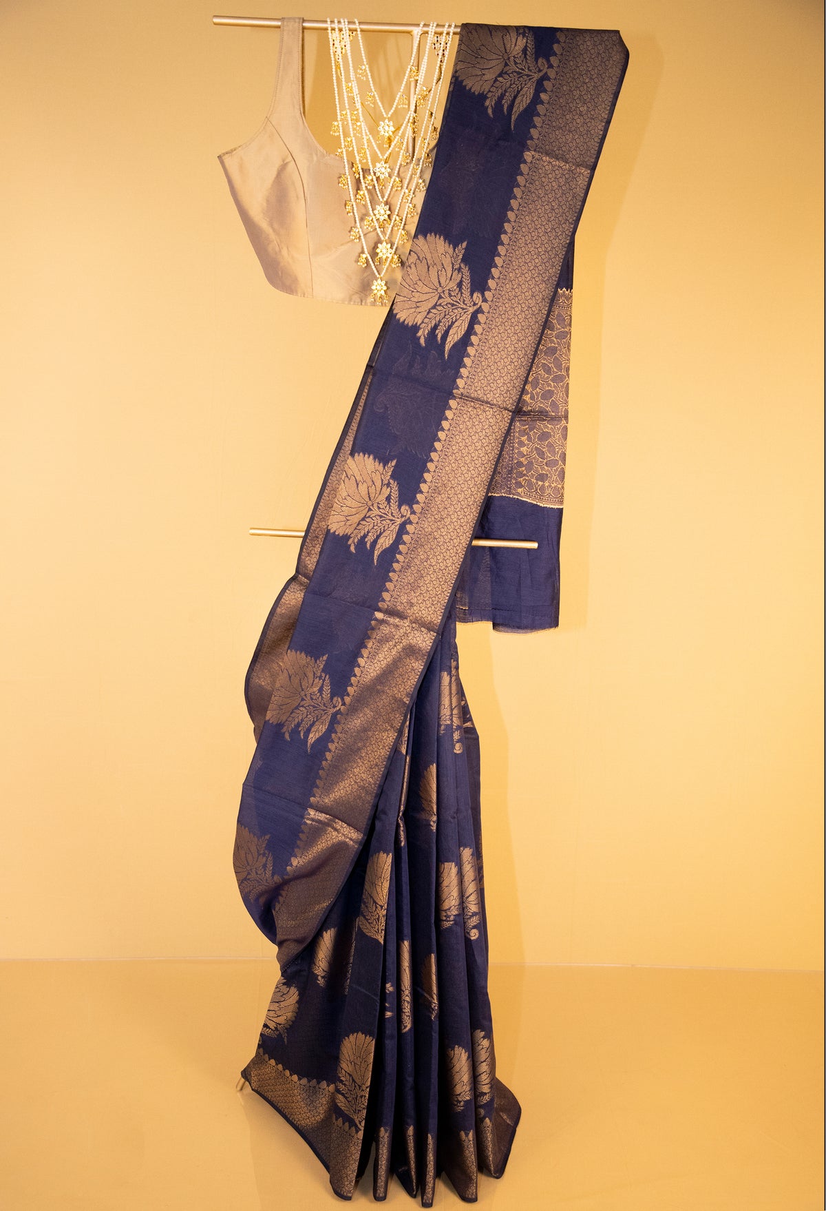 Navy Blue Chanderi Cotton Banarasi Silk Saree